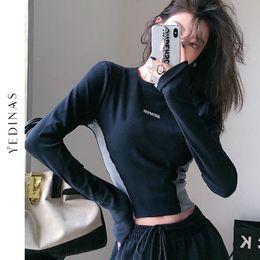 Women's T-Shirt Yedinas Patchwork T Shirt For Women Streetwear Gothic Long Sleeve Crop Top Y2k Slim Hip Hop Tee Shirt Femme Korean Autumn 230428