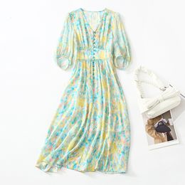 2023 Summer Blue Floral Print Panelled Silk Dress 3/4 Sleeve V-Neck Buttons Single-Breasted Casual Dresses C3A250174