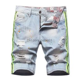 Men's Shorts Men Holes Denim Shorts Light Blue Jeans Shorts Good Quality Male Staight Knee Length Jeans Painted Street Wear Denim Shorts 42 T230502