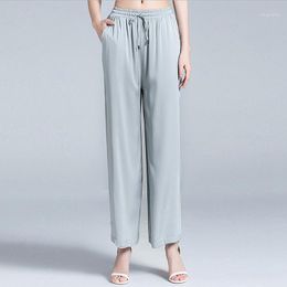 Women's Pants & Capris Silk High Waist Solid Color Wide Leg Women Summer Causal Plus Size 2 Colors Ankle Length Fashion