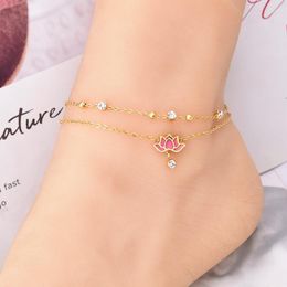 Anklets 2023 Stainless Steel Pink Lotus Flower Zircon For Women Girl Trend Multi-layer Chains Non-fading Jewellery Gift Party