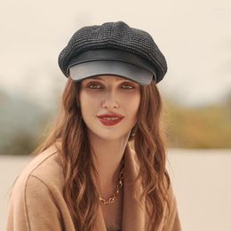 Stingy Brim Hats 2023 Autumn Winter Octagonal Hat Women Classic Plaid PU Stitching Cap Striped Retro Korean For Female Warm Peaked Caps