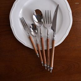 Dinnerware Sets 5Pcs Natural Yellow Rosewood Solid Wood Handle 304 Stainless Steel Western Knife Fork Spoon Set Household Tableware