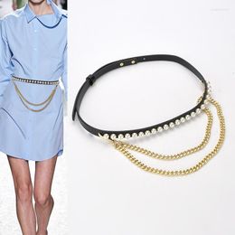 Belts Slim Belt With Double Metal Chains Pearl Rivet Cow Leather Waist Chain For Women Punk Jeans Suits Shirt Decoration