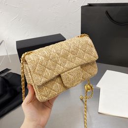Womens Woven Straw Classic Mini Flap Bags Gold Metal Hardware Matelasse Chain Crossbody Shoulder Handbags Luxury Designer Quilted Purse 20X14CM