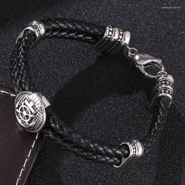 Charm Bracelets Trendy Rudder Shield Stainless Steel Black Braided Double Layer Leather Fashion Wrist Band Gift FR0177