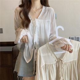 Ethnic Clothing Geskeey Exclusive Niche Design Korean Japanese Version Strap Kimono Pleated Thin Sunscreen Long Sleeve Cardigan Lace Solid