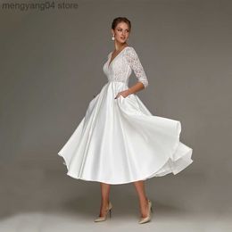 Party Dresses Tea Length Satin Wedding Dress A Line 3/4 Sleeve Lace Simple White Civil Short Bridal Gown 2023 Plus Size Bride Robe De Marirage T230502