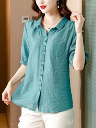 Women's Blouses Women Shirts Polo-Neck Solid Short Womens Tops Button Up Shirt 2023 Women's Summer Clothes Fashion Linen Pockets Ladies