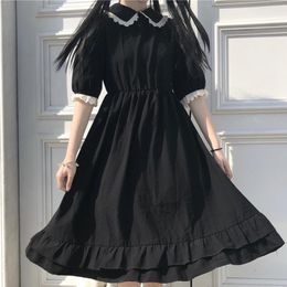 Dresses QWEEK Autumn Black Kawaii Lolita Style Dress Mori Girl Fairy Cute Lolita Peter Pan Collar Puff Sleeve Dress 2021 Fashion Women