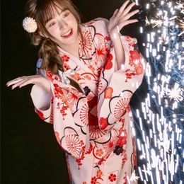Ethnic Clothing Retro Japanese Kimono Woman With Red Obi Floral Print Yukata Haori Long Robe Stage Show Cosplay Costume Pography Dress