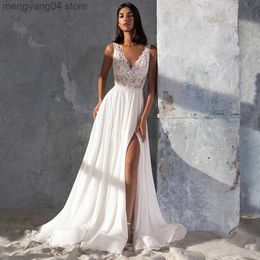 Party Dresses Jiayigong 2022 Beach Wedding Dress Robe De Mariee Sexy Double V Neck Glitter Lace Flowers Slit Custom Plus Size Bridal Gowns T230502