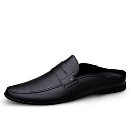 Italian Luxury Mens Slippers Genuine Leather Loafers Men Moccasins Casual Non-slip Man Shoes Summer Fashion Half Shoes For Men