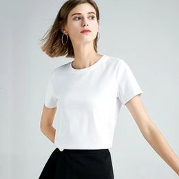 Women's T-Shirt Summer 100% Mercerized Cotton Women Silk T-shirts O Neck Short Sleeve Loose Straight Tops Simple Casual Tees For Minimalist 230428