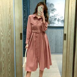 Casual Dresses Spring Fall Pink Black OL Dress Women Elegant Turn Down Collar Solid Single Breasted With Belt Slim Office Midi Shirt