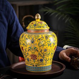 Teaware Creative Painted Flower Ceramic Tea Caddy Art Flower Vase Largecapacity Sealed Storage Jar with Lid Countertop Porch Decoration