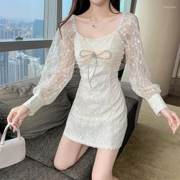 Casual Dresses Women French Sweet Lace Fairy Apricot Dress Gentle Temperament Fall Summer Soild Long Sleeve Sexy Mini Vestidos