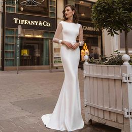 Party Dresses YEEH Simple Mermaid Boat Neck Wedding Dresses For Women Bride Charmeuse Trumpet With Sash 3/4 Sleeves Corset Robe De Marie T230502