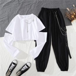 Capris Harajuku Black Cargo Pants Women Gothic Chain Hiphop Streetwear Removable Sleeve Tops And Casual Pants Female Baggy Trousers