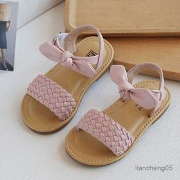 Sandals 2023 New Summer Children's Sandals Weave Flat Kids Girls Sandals Bowknot Fashion Princess Girls Beach Shoes Size