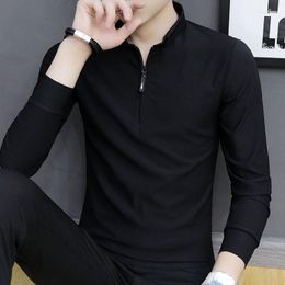 Men's T Shirts Stylish Stand Collar Solid Color Zipper Korean T-Shirt Men's Clothing 2023 Autumn Oversized Casual Pullovers Loose Tee