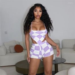 Women's Tracksuits Women's Knitwear Suit Sexy Plaid Vacation Outfits For Women 2023 Two-piece Sweater Matching Set Crop Top Short Summer