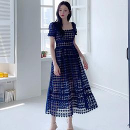 Casual Dresses Elegant Dress Chic Blue Lace Vintage Square Collar A-Line Slim Midi Long 2023 Spring Autumn Prom Party