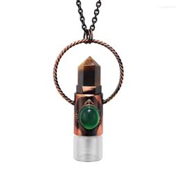 Pendant Necklaces FYSL Vintage Style Copper Geometric Shape Tiger Eye Stone Perfume Bottle Necklace Rose Pink Quartz Jewellery
