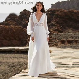 Party Dresses New Charming Boho Lace Bridal Wedding Gowns Long Sleeve Plunge V Neckline Backless Wedding Dresses for Bride Sweep Train 2022 T230502