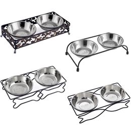 Feeding Dog Bowl Stainless Steel Ceramic Dog Cat Double Bowls Bone/fish Iron Stand Food Water Dishes Feeder AntiTumbling Pet Supplies