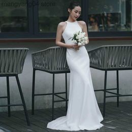 Party Dresses White Satin Wedding Dress 2023 New Halter Sleeveless Small Train Robe De Mariee Sirene Fashion Simple Elegant Evening Dresses T230502