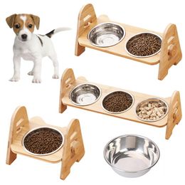 Feeding Pet Stainless Steel Diet Bowl Adjustable Wooden Rack Elevated Dog Cat Neck Care Raise Stand Feeder 1/2/3 Merge Food Water Bowls