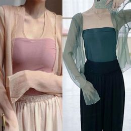 Women's T Shirts Women Summer Flare Long Sleeve Sheer Shrug Cardigan Ice Silk Lightweight Open Front Solid Color See Through Tie Up 10CF