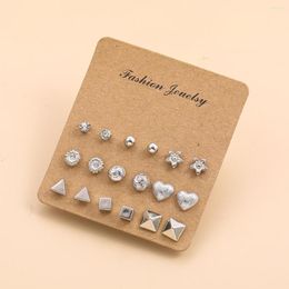 Stud Earrings 9 Pairs Heart Flower Geometric Set For Women Silver Plated Ball Piercing Earring Jewellery Accessories Birthday Gift