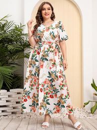 Dresses 2022 Fashion Summer Women V Neck Short Sleeve Floral Print White Dress High Waist Bohemian Beach Dress Plus Size Women Clothing