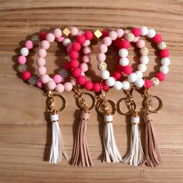 Keychains Adjustable Bracelet Keychain For Women Girls Trendy Pink Silicon Elastic Beads Wristlet Valentine's Day Gifts Charm Accessory