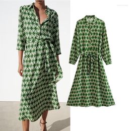 Casual Dresses Green Stain Geometric Print Sashes Shirt Dress Retro Slim 2023 Street Elegant Party Youth Long-sleeved Office Lady Wear