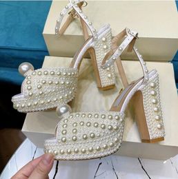 White Pearls Sandals Women Fashion High Platform Wedding Bridal Shoes Summer Gladiators Beading Gladiators Shoes