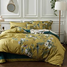 Set Printed Birds Branch printed Bedding Set Premium Egyptian cotton Silky Soft Duvet Cover King Queen Size Luxury Bedding Set 4Pcs