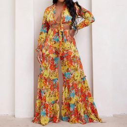 Women's Two Piece Pants STYLISH LADY Floral Printed 2 Set Women Long Sleeve Crop Tops And Wide Leg Suits 2023 Summer Elegant Party Outfits