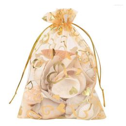 Jewellery Pouches 100Pcs 9X12cm Sheer Drawstring Heart Organza Wedding Party Christmas Favour Gift Bags (Gold)