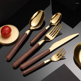 Dinnerware Sets Roundtail Tableware 430 Stainless Steel Knife And Spoon Set Imitation Wood Western Meal Steak Fork HY-HTMY