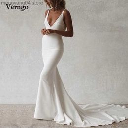 Party Dresses Verngo Simple Mermaid Stretch Satin Wedding Dresses V Neck Spaghetti Straps Back Buttons Sweep Train Bridal Gowns Custom Made T230502