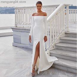 Party Dresses White Off-The-Shoulder Boat Neck Side Slit Wedding Dresses Floor-Length with Jersey Sheath Zipper Back Court Train Bridal Gowns T230502