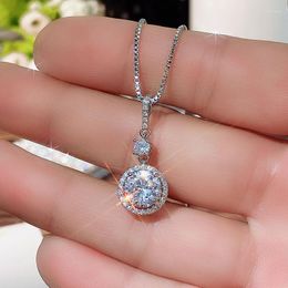 Pendant Necklaces Classic Silver Plated Round Crystal For Women Shine White CZ Stone Inlay Chains Fashion Jewellery Party Gift