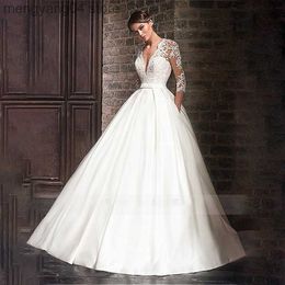 Party Dresses Marvellous Satin V-Neck A-Line Wedding Dresses With Lace Appliques Half Sleeves Bridal Grown With Pocket Vestidos De Formatura T230502