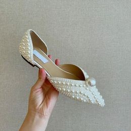 White Pearls Sweet Flat Shoes Women Fashion Pointedtoe Lady Slip on Pearls Single Shoes Lady Flats