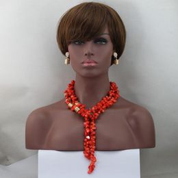 Necklace Earrings Set Fashionable Nigerian Wedding African Beads Jewelry Orange 2 Rows Coral 2023 Design CJ448
