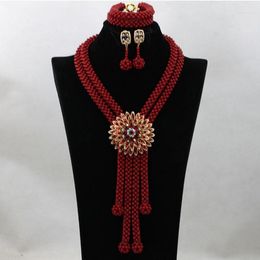 Necklace Earrings Set African Red Coral Beads Jewellery Handmade Bridal For Nigerian Wedding CNR512