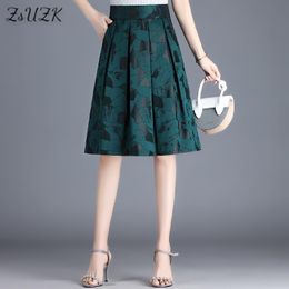 skirt ZUZK Women Jacquard Pleated Skirt New High Wasit KneeLenght ALine Skirt Fashion Office Lady Wear Skirt Jupe
